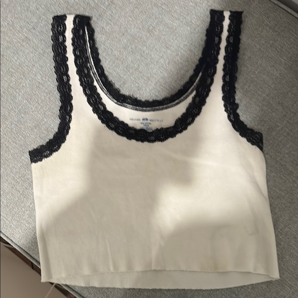 Brandy Melville Cream and Black Embellished Crop Tank Top